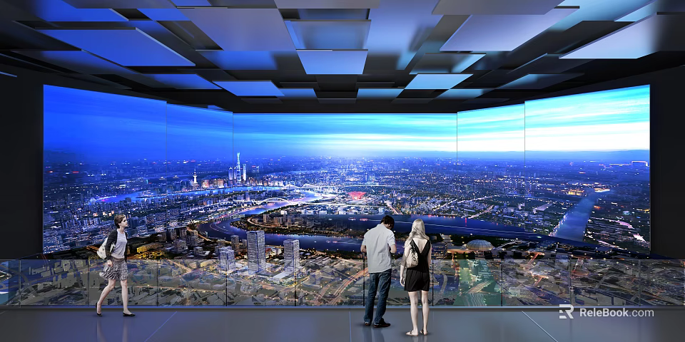 People Enjoying City Panorama At Modern Observation Deck With Glass Railings And Geometric Ceiling Design 3d model 