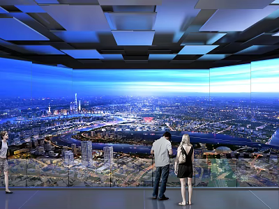 People Enjoying City Panorama At Modern Observation Deck With Glass Railings And Geometric Ceiling Design 3d model