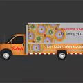 Orange Delivery Truck With Colorful Graphics Tasty Treats And Rewards