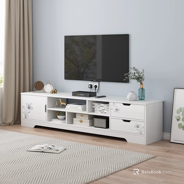 White TV Stand With Drawers Shelves And Decorative Items In Living Room With TV 3d model 