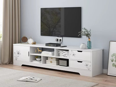 White TV Stand With Drawers Shelves And Decorative Items In Living Room With TV 3d model