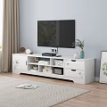White TV Stand With Drawers Shelves And Decorative Items In Living Room With TV