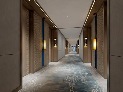 Modern Hotel Corridor With Wooden Walls Wall Lamps And Patterned Carpet 3d model