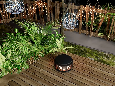 Decorative Outdoor Lights Hanging Over Wooden Deck With Green Plants and Palm Leaves 3d model