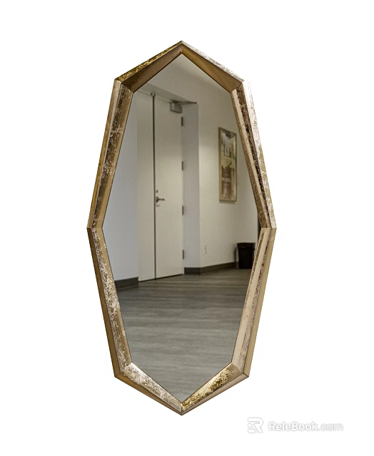 Octagonal Gold Frame Mirror Reflecting Hallway With White Door Painting And Wooden Floor 3d model 