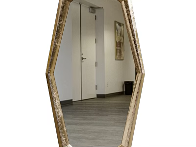 Octagonal Gold Frame Mirror Reflecting Hallway With White Door Painting And Wooden Floor 3d model