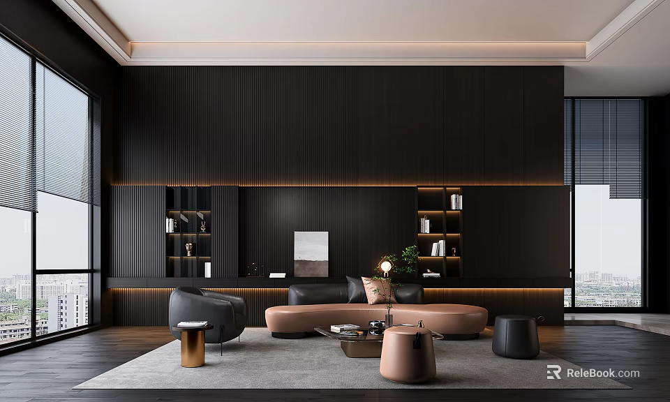 Modern Living Room Interior Design With Black Wall Sofa Coffee Table And Bookshelves 3d model 
