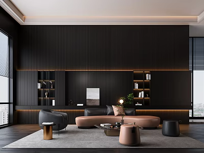 Modern Living Room Interior Design With Black Wall Sofa Coffee Table And Bookshelves 3d model