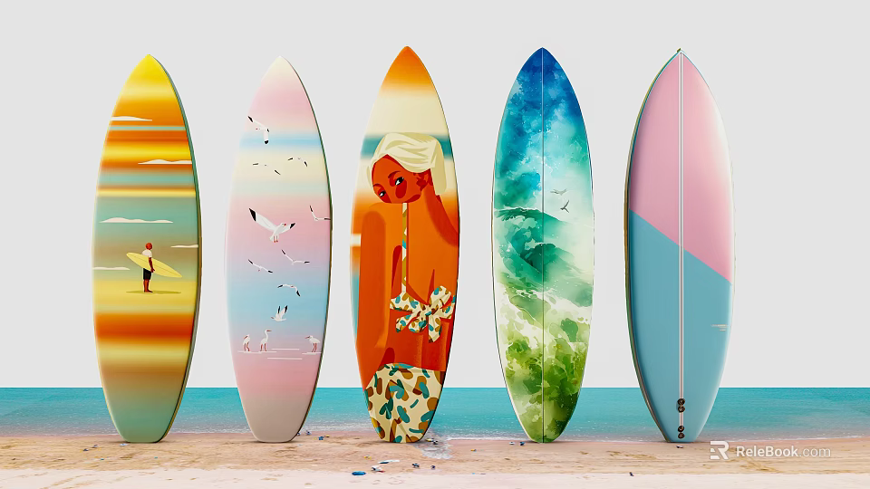Colorful Surfboards Sports Equipment With Beach Ocean Background And Unique Designs 3d model 