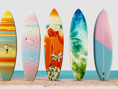 Colorful Surfboards Sports Equipment With Beach Ocean Background And Unique Designs 3d model