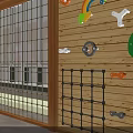 Outdoor Kids Play Area With Modern Building Wooden Pergola And Colorful Ring Climbing Frame