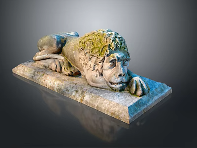 Reclining Stone Lion Statue With Green Mane On Detailed Stone Plinth 3d model