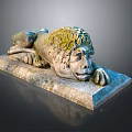 Reclining Stone Lion Statue With Green Mane On Detailed Stone Plinth