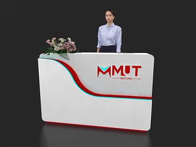 Modern Reception Desk with Flower Arrangement and Standing Receptionist Featuring MMUT Logo 3d model