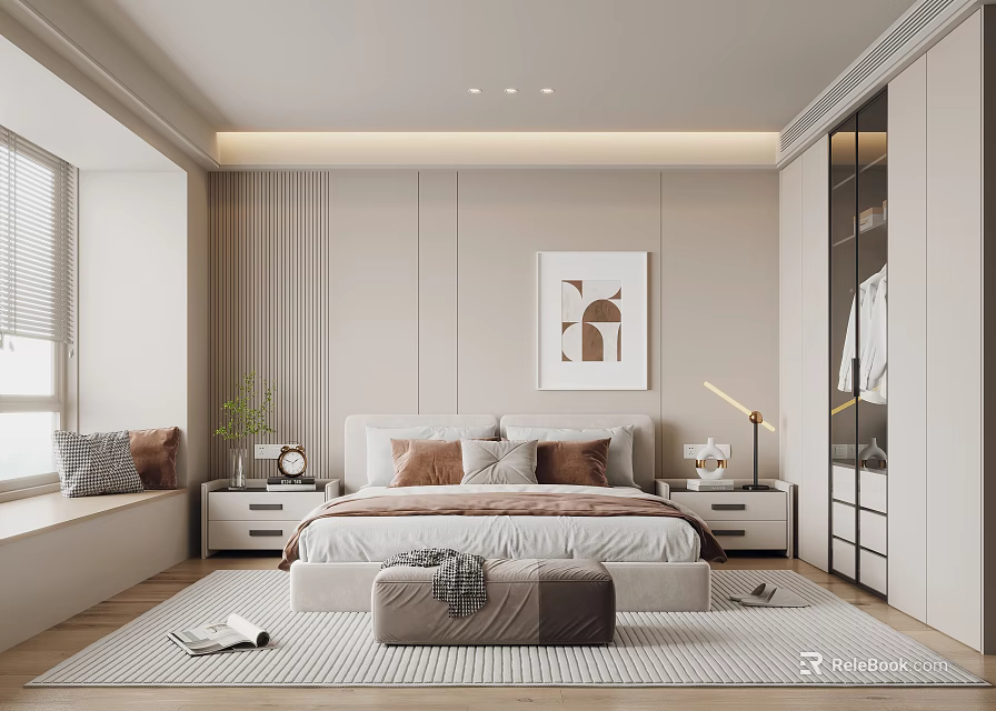 Modern Bedroom Interior Design With Bed Bedside Tables Artwork Wardrobe And Rug 3d model 