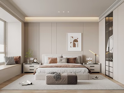 Modern Bedroom Interior Design With Bed Bedside Tables Artwork Wardrobe And Rug 3d model