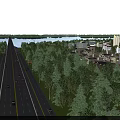 Scenic View of Wide Highway Flanked by Lush Trees Near Distant Lake and Buildings