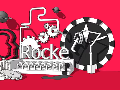 Red Background Photo Check In Spot With Black White Gears Rocke Text Trophy And Pipes 3d model
