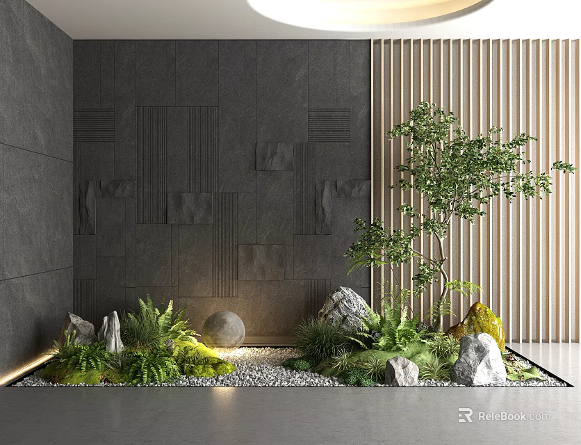 Modern Decorative Ornaments Arrangement With Gray Wall Wooden Slats Stones Green Plants And Lighting 3d model 