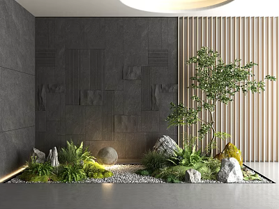 Modern Decorative Ornaments Arrangement With Gray Wall Wooden Slats Stones Green Plants And Lighting 3d model