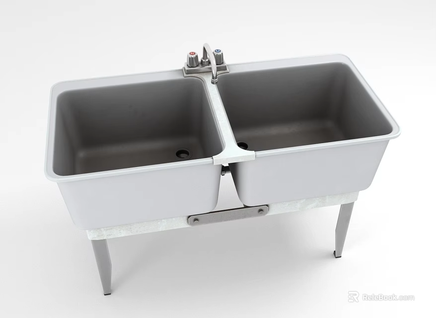 Practical Modern Double Bowl Kitchen Sink With Stand Legs And Faucet 3d model 