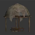 Traditional Shelter Structure With Wooden Frame Animal Skin Cover And Bench On Ground With Hay