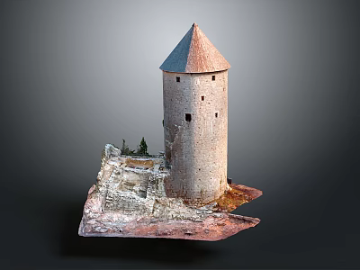 Ancient Stone Tower Architectural Structure On Rock Base With Small Trees 3d model