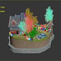 Cartoon Scene with Small House Trees Pink Flowers Blue Car and Green Grass Path