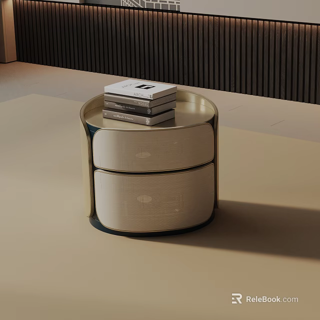 Elegant Modern Round Nightstand With Two Drawers Metal Frame And Stacked Books 3d model 