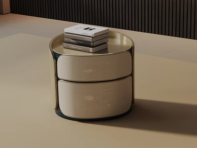 Elegant Modern Round Nightstand With Two Drawers Metal Frame And Stacked Books 3d model