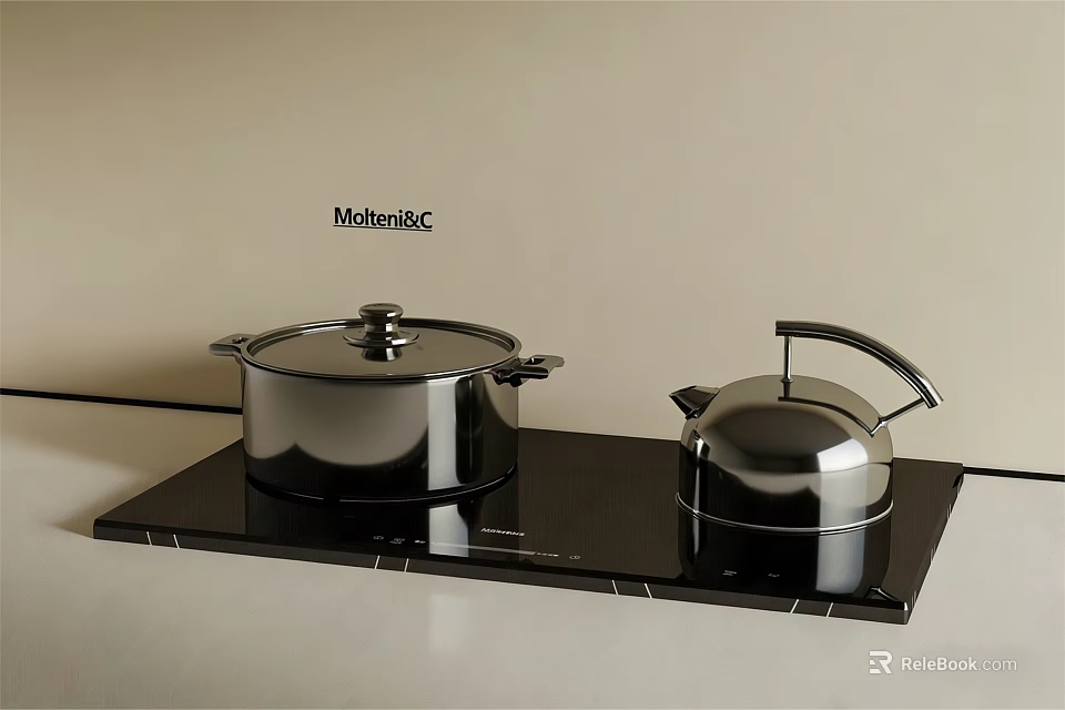 Stainless Steel Kitchen Cookware Set With Pot And Kettle On Black Induction Stove Top 3d model 