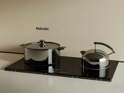 Stainless Steel Kitchen Cookware Set With Pot And Kettle On Black Induction Stove Top 3d model