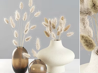 Brown and White Stylish Decorative Vases with Fluffy Dried Flowers for Modern Home Decor 3d model
