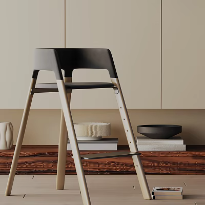 Modern Black Bar Stool With Light Wood Legs In Contemporary Kitchen Setting 3d model