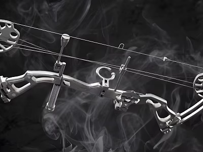 Silver Metal Compound Bow With Mechanical Components Bowstring And Smoke Background Design 3d model