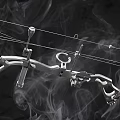 Silver Metal Compound Bow With Mechanical Components Bowstring And Smoke Background Design