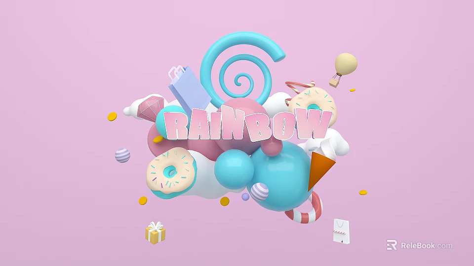 Rainbow Themed Candy Dessert Party Supplies With Donut And Gift Box 3d model 