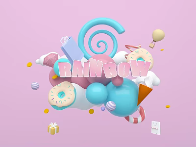 Rainbow Themed Candy Dessert Party Supplies With Donut And Gift Box 3d model