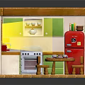 Miniature Kitchen Interior Scene With Green White Cabinets Red Refrigerator And Dining Table Chairs