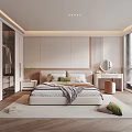 Modern Minimalist Bedroom Interior With Large Bed Wardrobe Dressing Table And Blinds 3d model