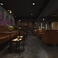 Stylish Bar Interior With Chandeliers Wooden Floors Tables Chairs And Green Plants