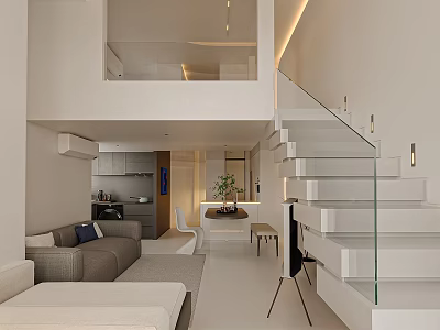 Modern Living And Dining Room Interior Design With Staircase Sofa Dining Table And Open Space 3d model