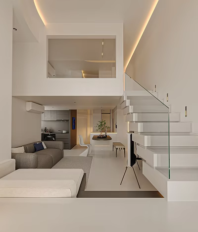 Modern Living And Dining Room Interior Design With Staircase Sofa Dining Table And Open Space 3d model