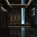 Elegant Elevator Corridor With Dark Walls Decorative Ceiling Tall Window And Shiny Marble Floor 3d model
