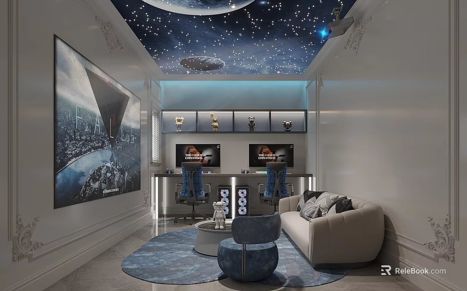 Cybercafe Interior Design With Starry Sky Ceiling Large Painting Two Computers Blue Chairs And Sofa 3d model 