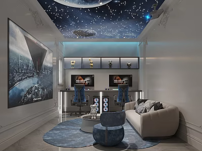 Cybercafe Interior Design With Starry Sky Ceiling Large Painting Two Computers Blue Chairs And Sofa 3d model