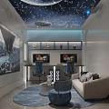 Cybercafe Interior Design With Starry Sky Ceiling Large Painting Two Computers Blue Chairs And Sofa