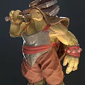 Turtle Warrior Creature Character With Red Armor Axe Muscular Build Front Back Views 3d model