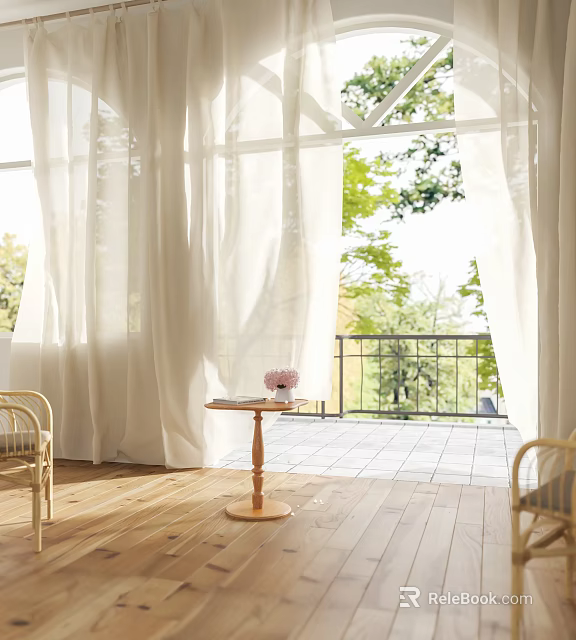White Sheer Curtains With Sunlight In Room Wooden Floor Balcony Small Table And Green Trees 3d model 