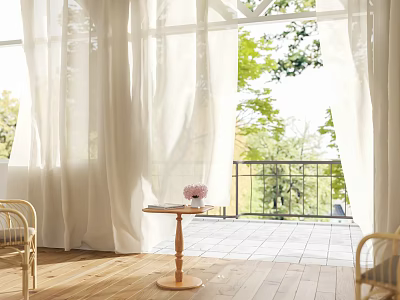 White Sheer Curtains With Sunlight In Room Wooden Floor Balcony Small Table And Green Trees 3d model